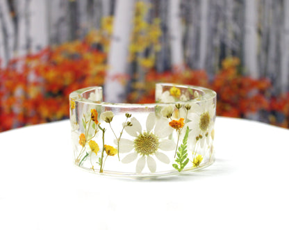 Real Daisy Resin Cuff Bracelet | Pressed Flower Resin Bangle