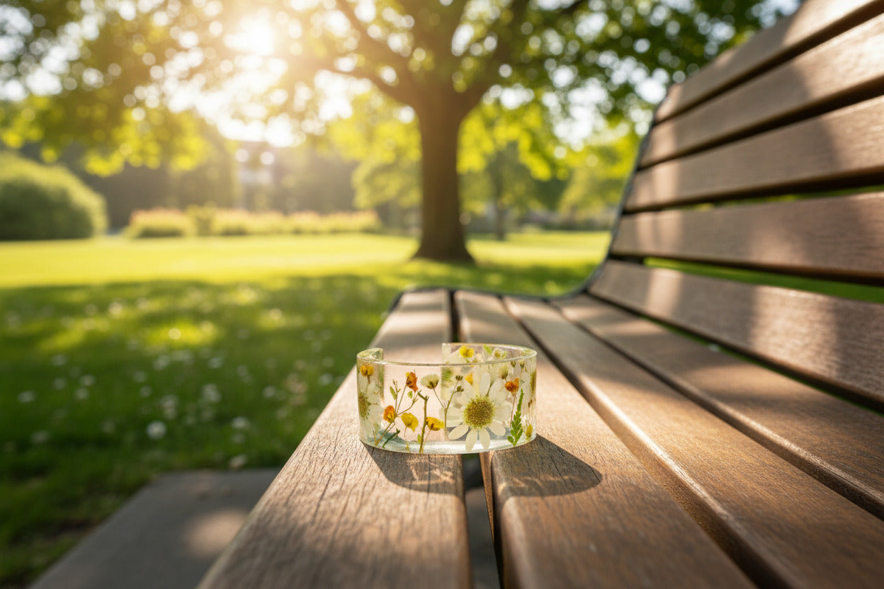 Real Daisy Resin Cuff Bracelet | Pressed Flower Resin Bangle