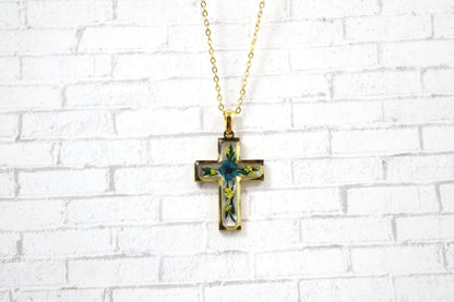 Cross Necklace Pressed Flower Resin Necklace: Gold/Silver Frame