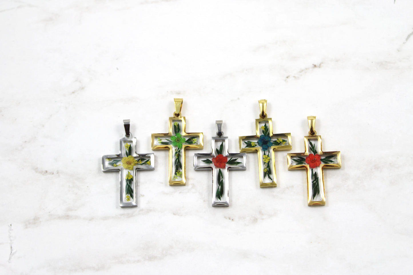 Cross Necklace Pressed Flower Resin Necklace: Gold/Silver Frame