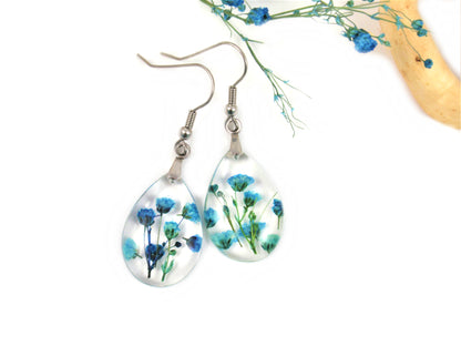 Botanical Resin Earrings with blue Babys breath flowers