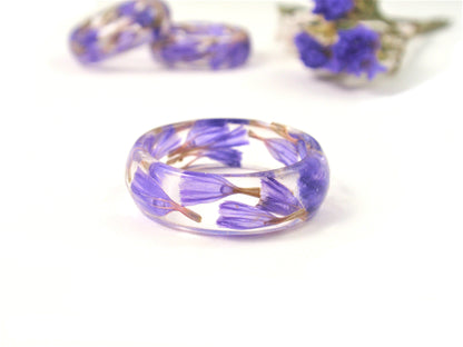 Nature ring with Real flowers, Resin ring jewelry, Purple ring