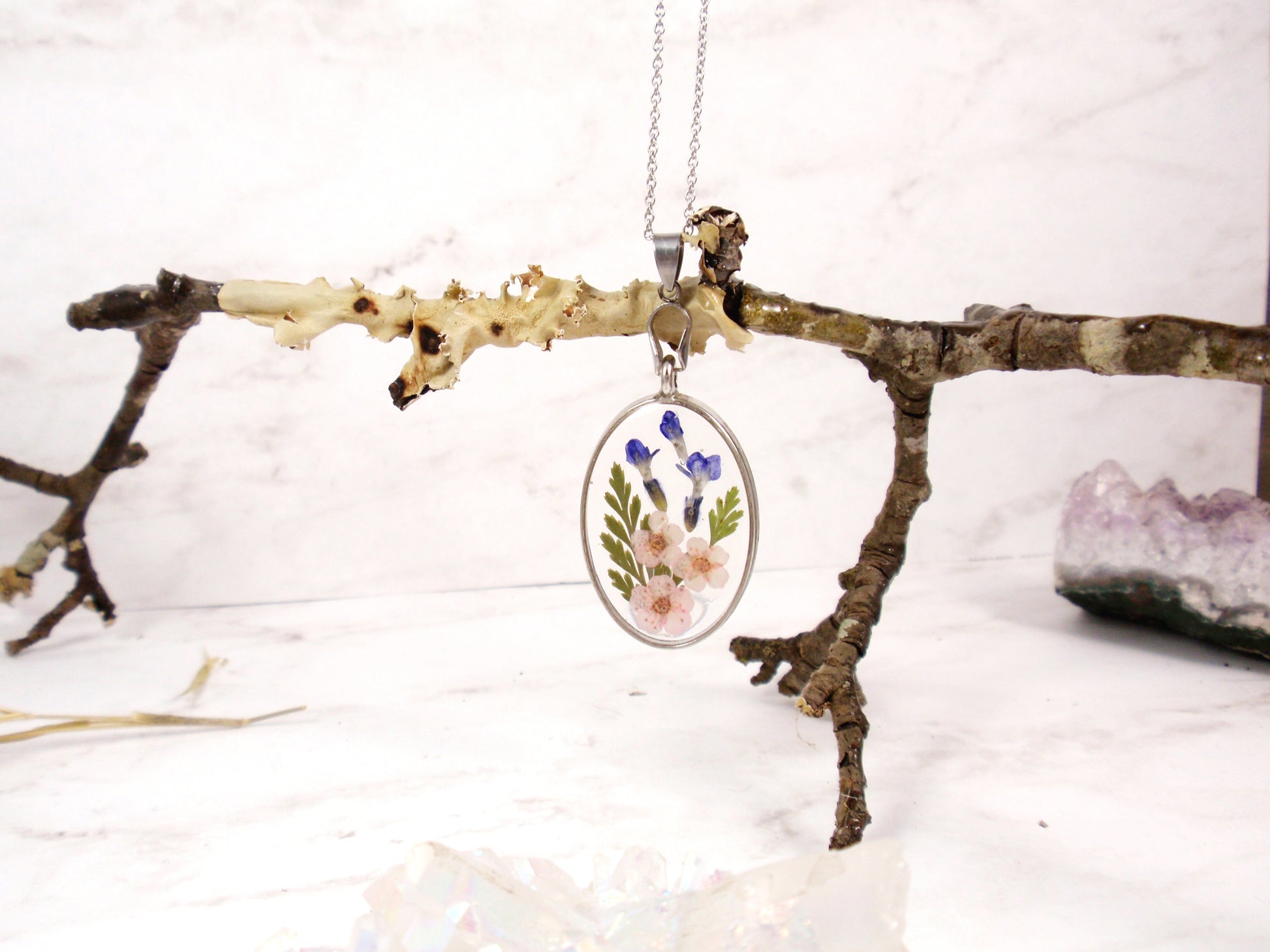 lavender flower jewelry Lavender Flower Oval Necklace Handmade Jewelry Sterling silver