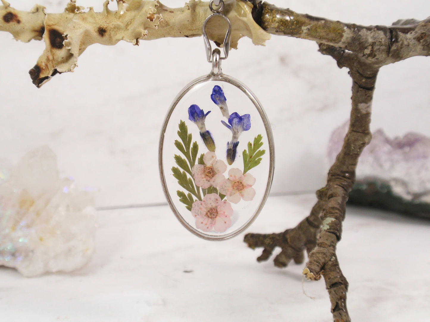 Lavender Flower Oval Necklace Handmade Jewelry