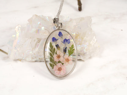 Lavender Flower Oval Necklace Handmade Jewelry