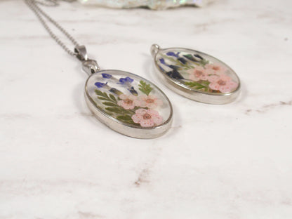 Lavender Flower Oval Necklace Handmade Jewelry