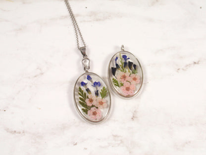 Lavender Flower Oval Necklace Handmade Jewelry