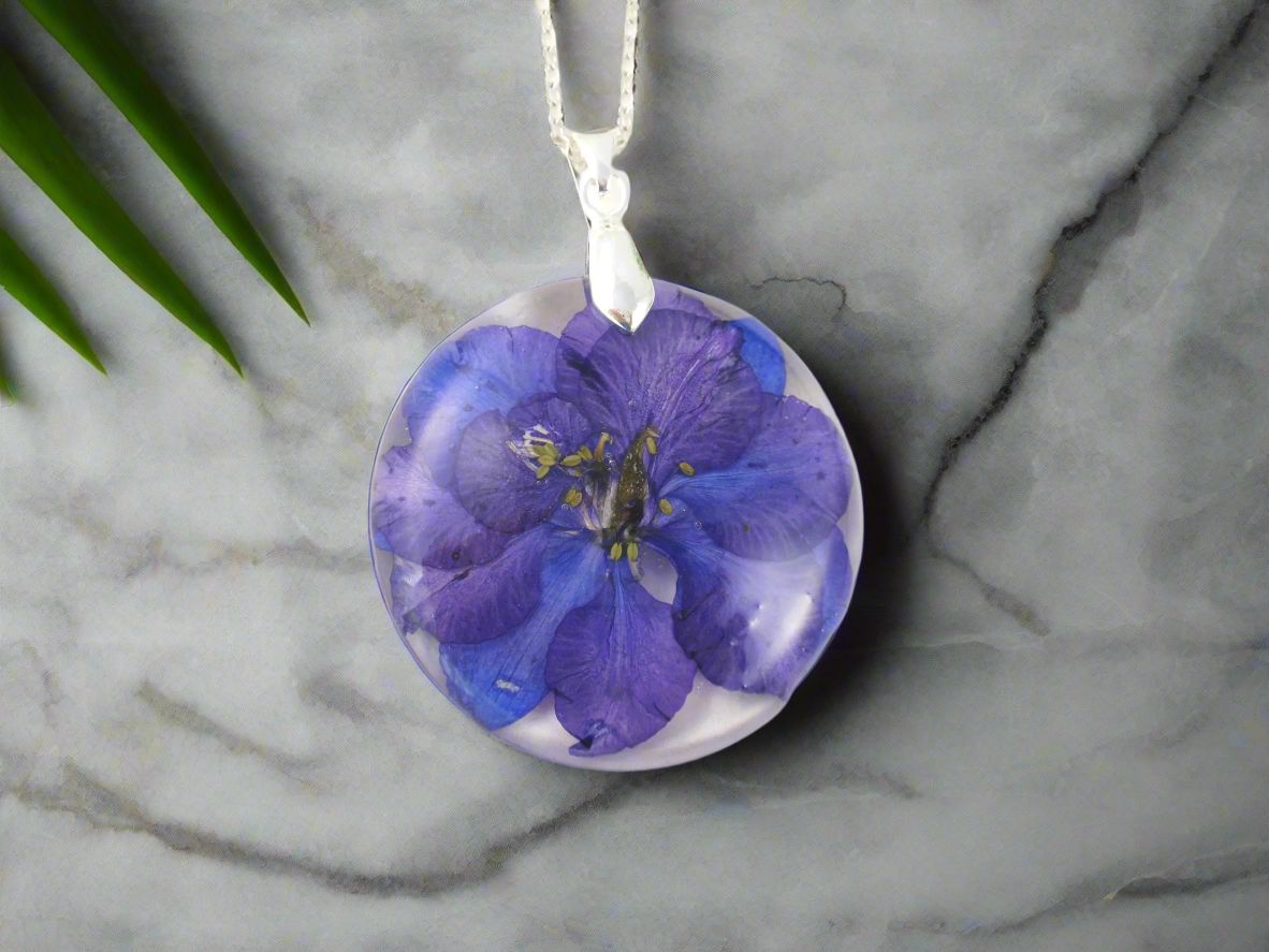 Birth month flower JULY, Handmade Flower Resin Necklace Blue Larkspur jewelry