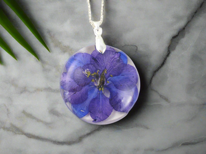 Birth month flower JULY, Handmade Flower Resin Necklace Blue Larkspur jewelry