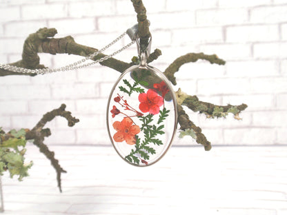 Red folwers oval necklace handmade jewelry