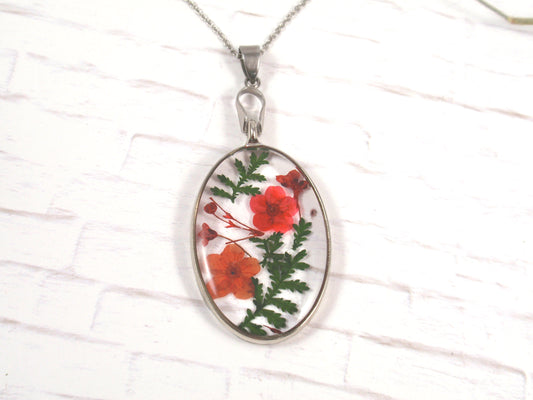 Red folwers oval necklace handmade jewelry