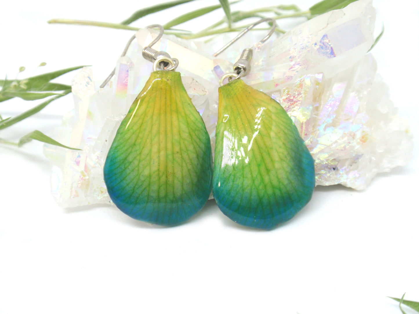 Dendrobium Orchid Petal  Earrings Blue - Green