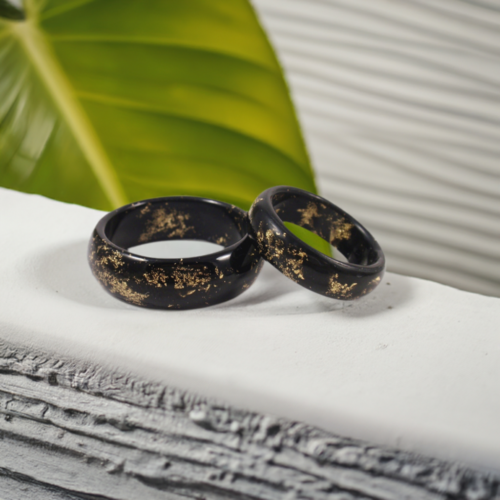 Black resin ring with gold flakes unisex band ring