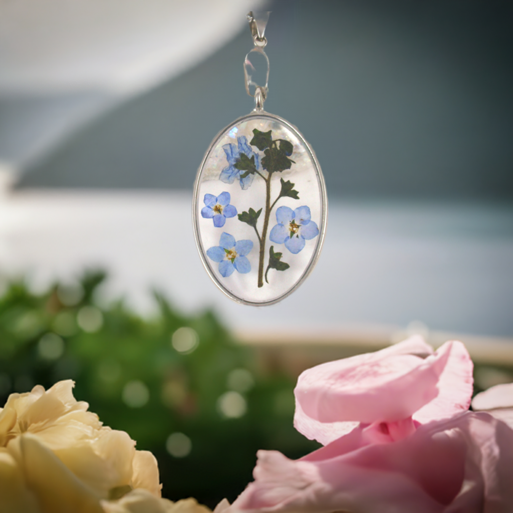 Forget Me Not flower oval necklace