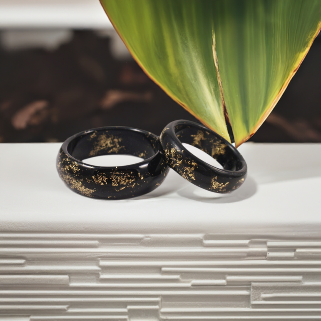 Black resin ring with gold flakes unisex band ring