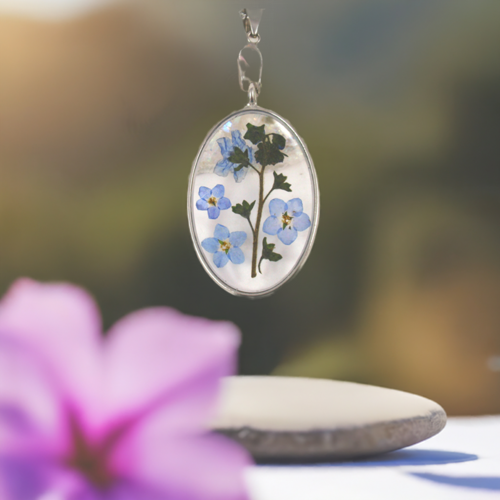 Forget Me Not flower oval necklace