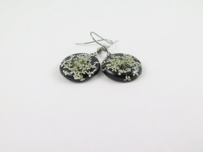 Real Flower Earrings, white and black jewelry