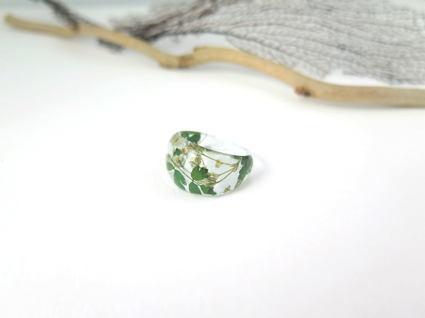Botanical ring, Nature ring, Pressed flower jewelry, Green ring