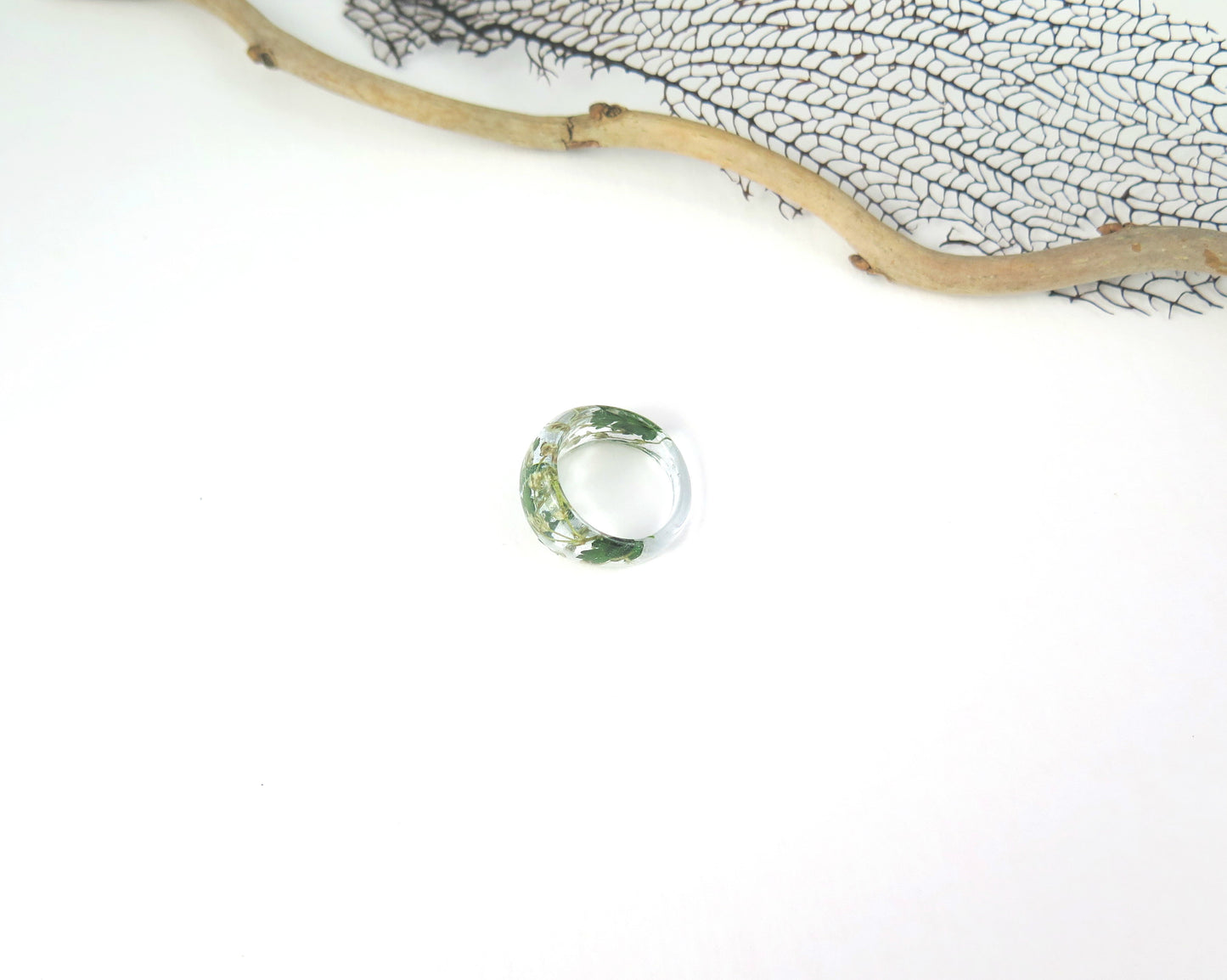 Botanical ring, Nature ring, Pressed flower jewelry, Green ring
