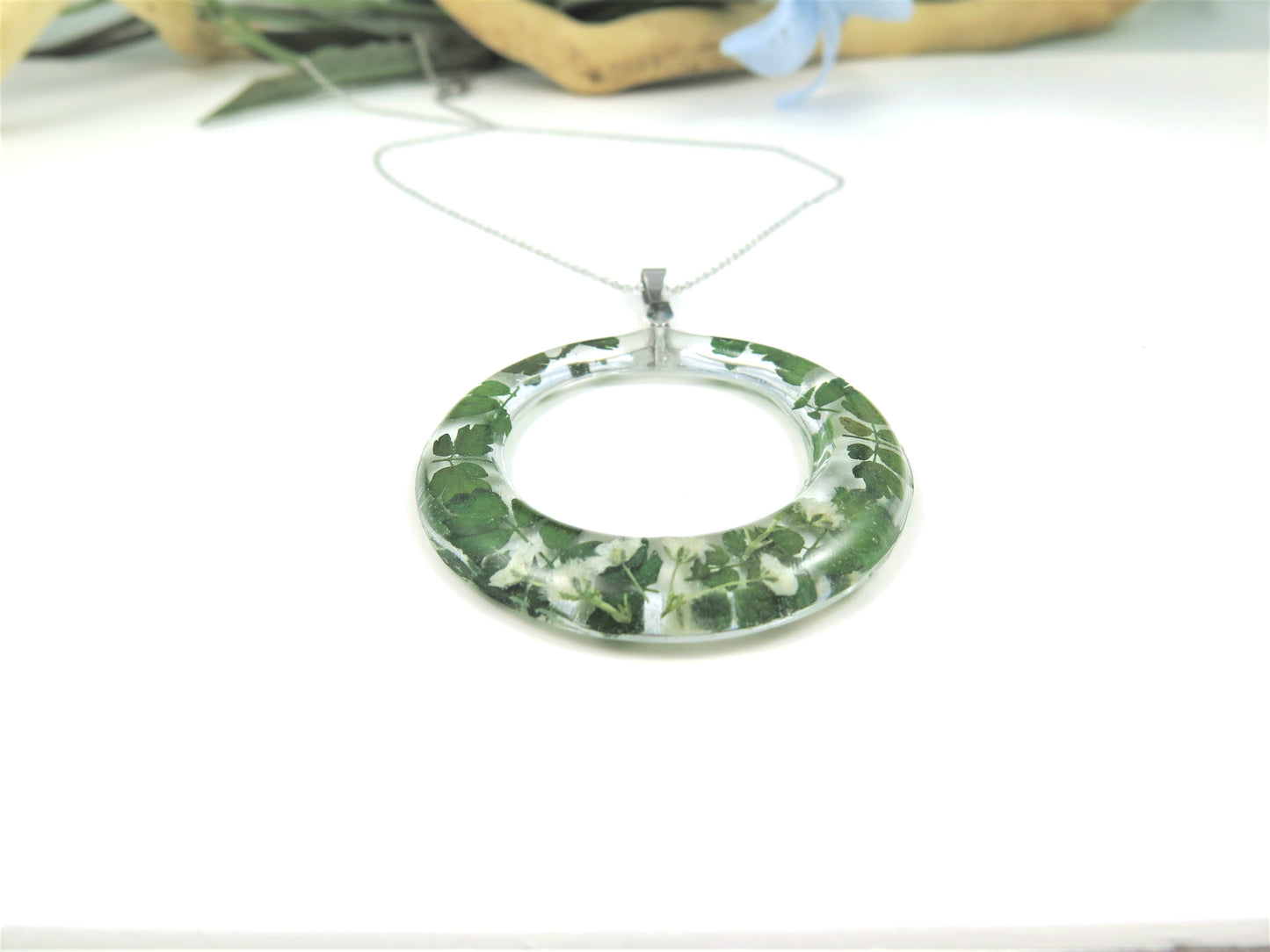 Real Flower Resin Necklace, Pressed Flower necklace, Fern and babys breath flowers