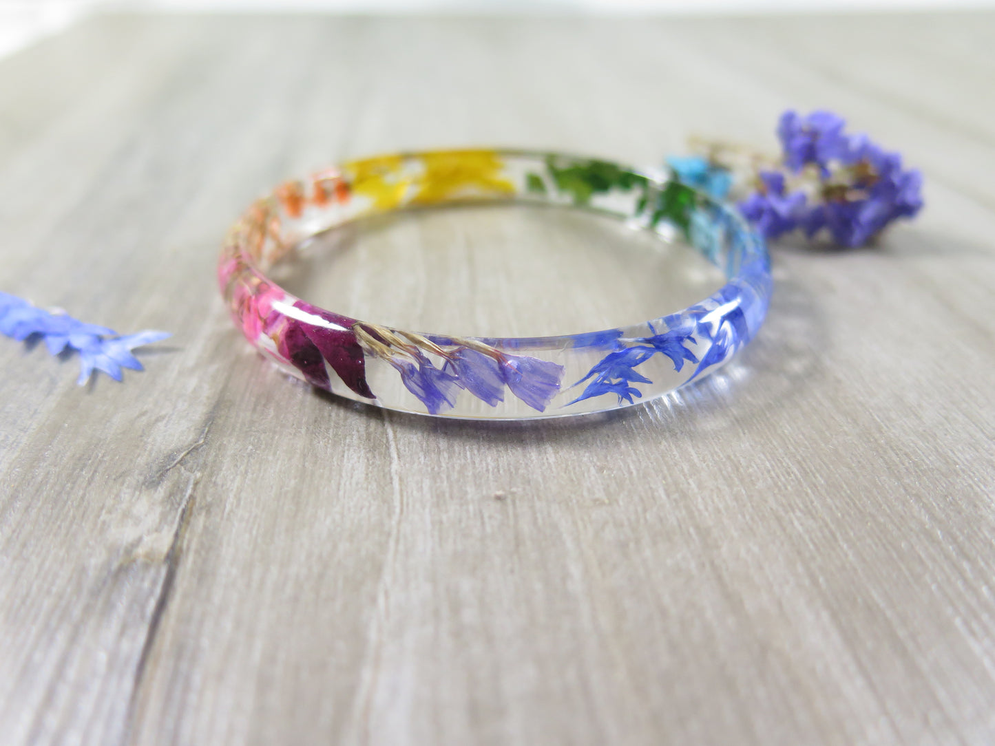 Rainbow Skinny Stacking Bangle, Handmade real flower bangle