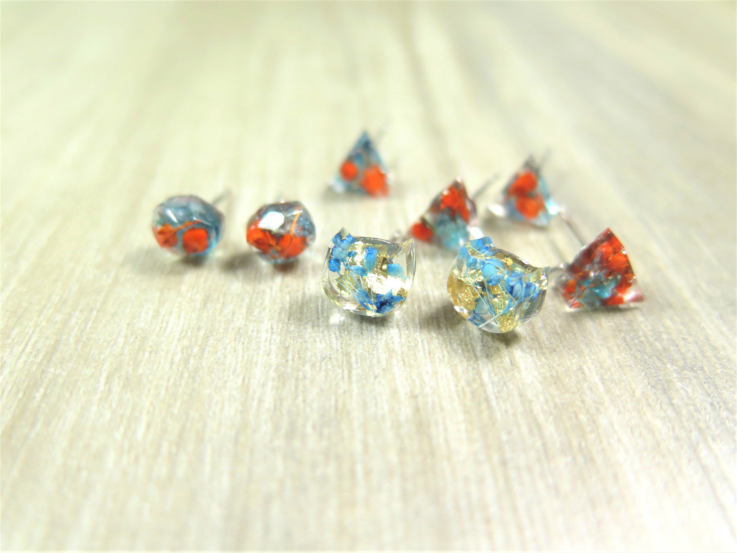 Tiny Triangle Studs, Handmade Post resin earring with real flowers