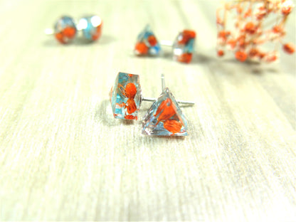 Tiny Triangle Studs, Handmade Post resin earring with real flowers