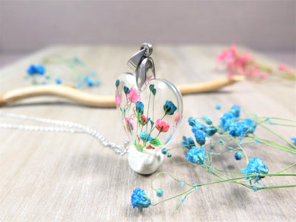 Real Flower Heart shape Necklace, Blue and pink flower resin jewelry
