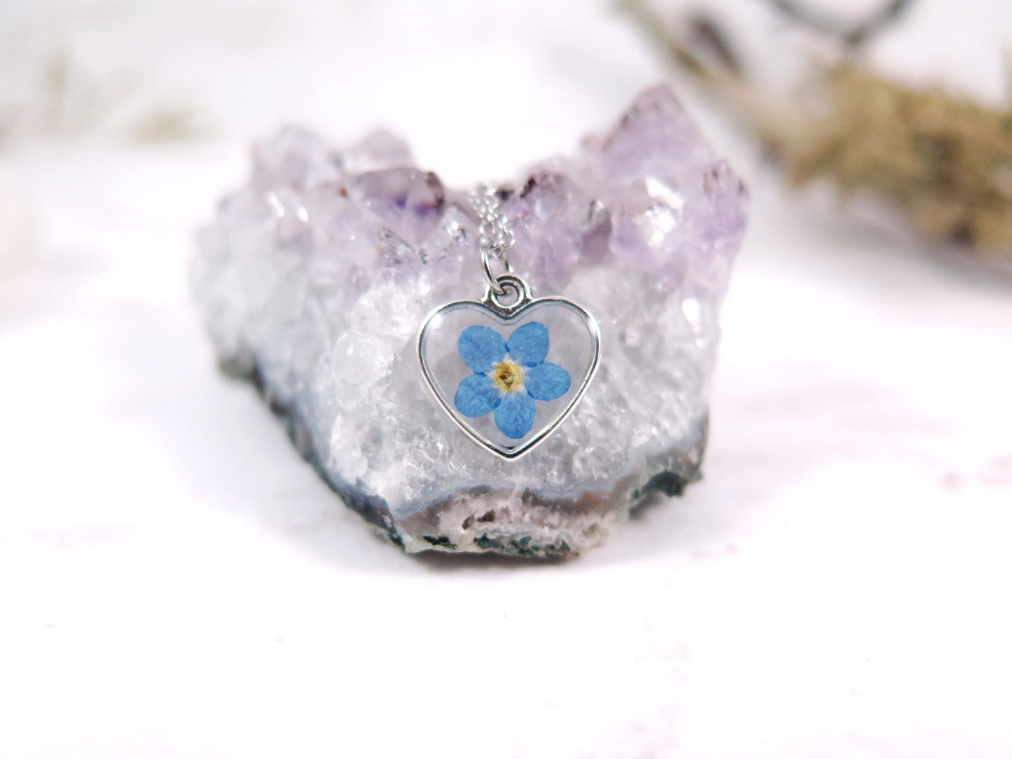 Forget me not flower heart shape necklace
