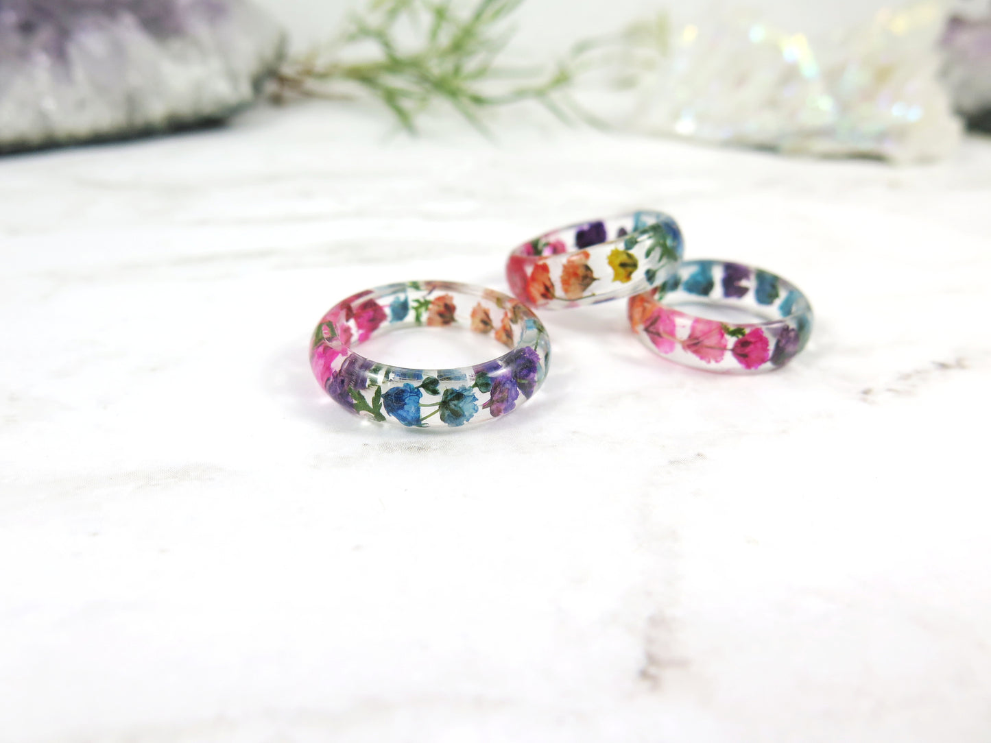 Real flower Resin ring Rainbow ring