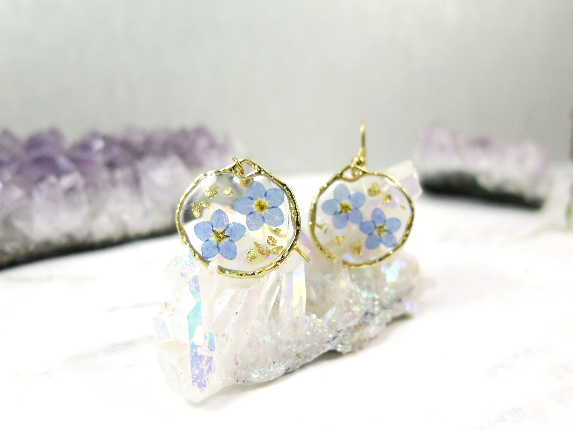Forget me not earrings dried flowers circle earrings – Smile with