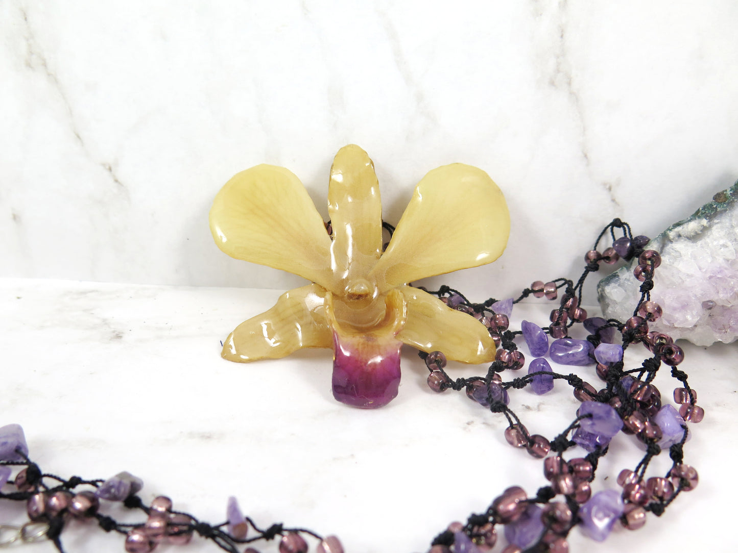 Amethyst chip beaded Necklace Nobile Dendrobium Orchid flower resin pendant