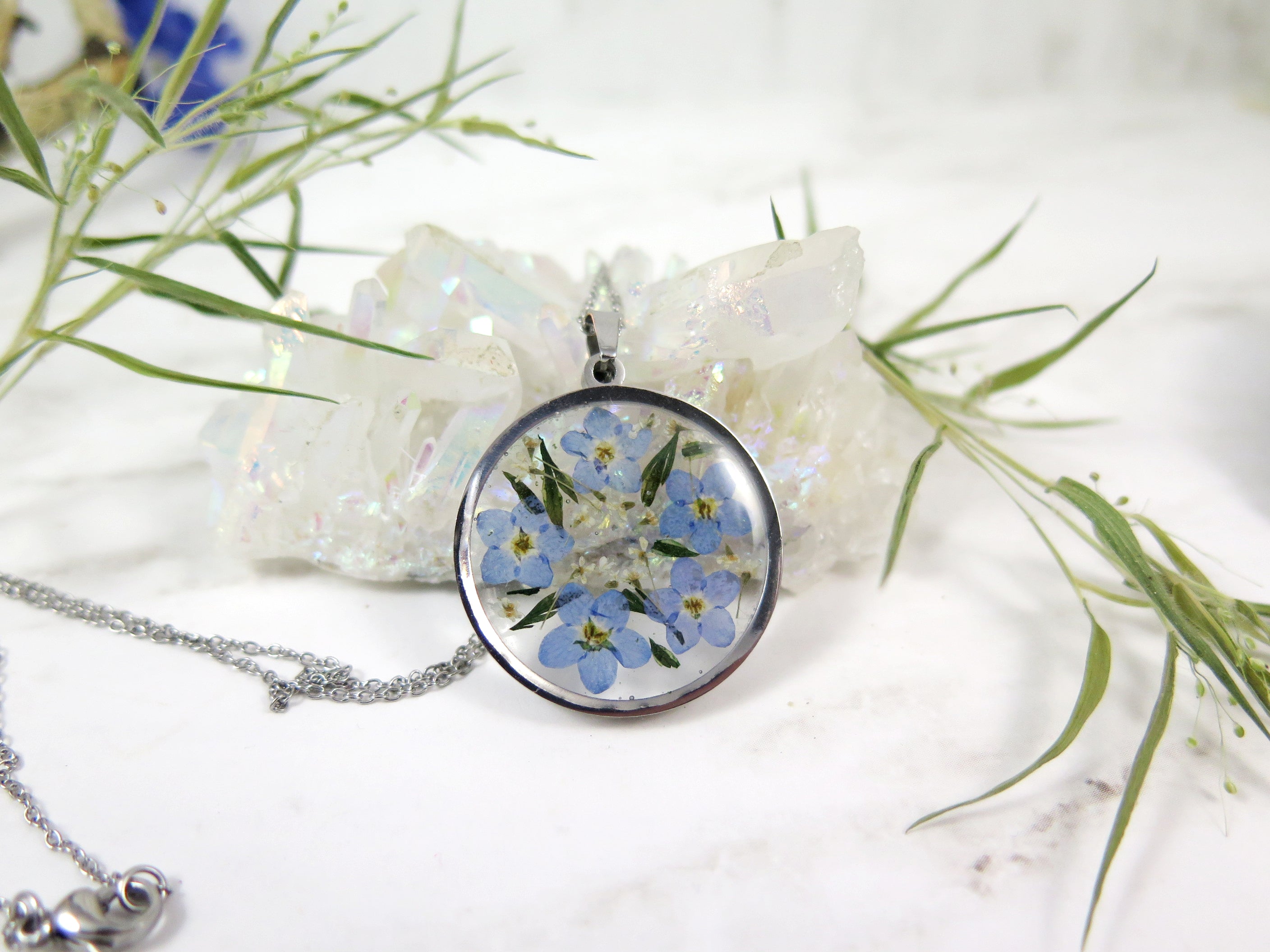 Pressed pink flowers teardrop resin pendant necklace | 13thpsyche– 13th  Psyche