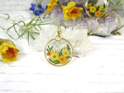 Summer sunshine pressed flowers necklace Handmade resin jewelry