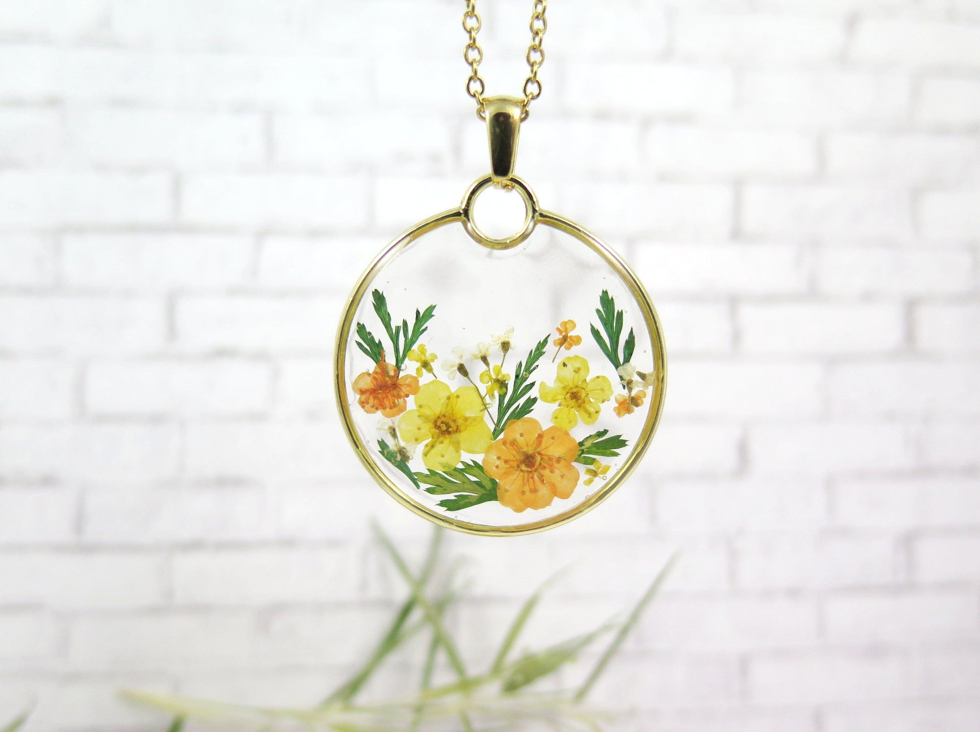 Summer sunshine pressed flowers necklace Handmade resin jewelry