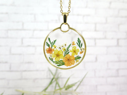 summer necklace , yellow and orange flowers surounded with golden wire frame 