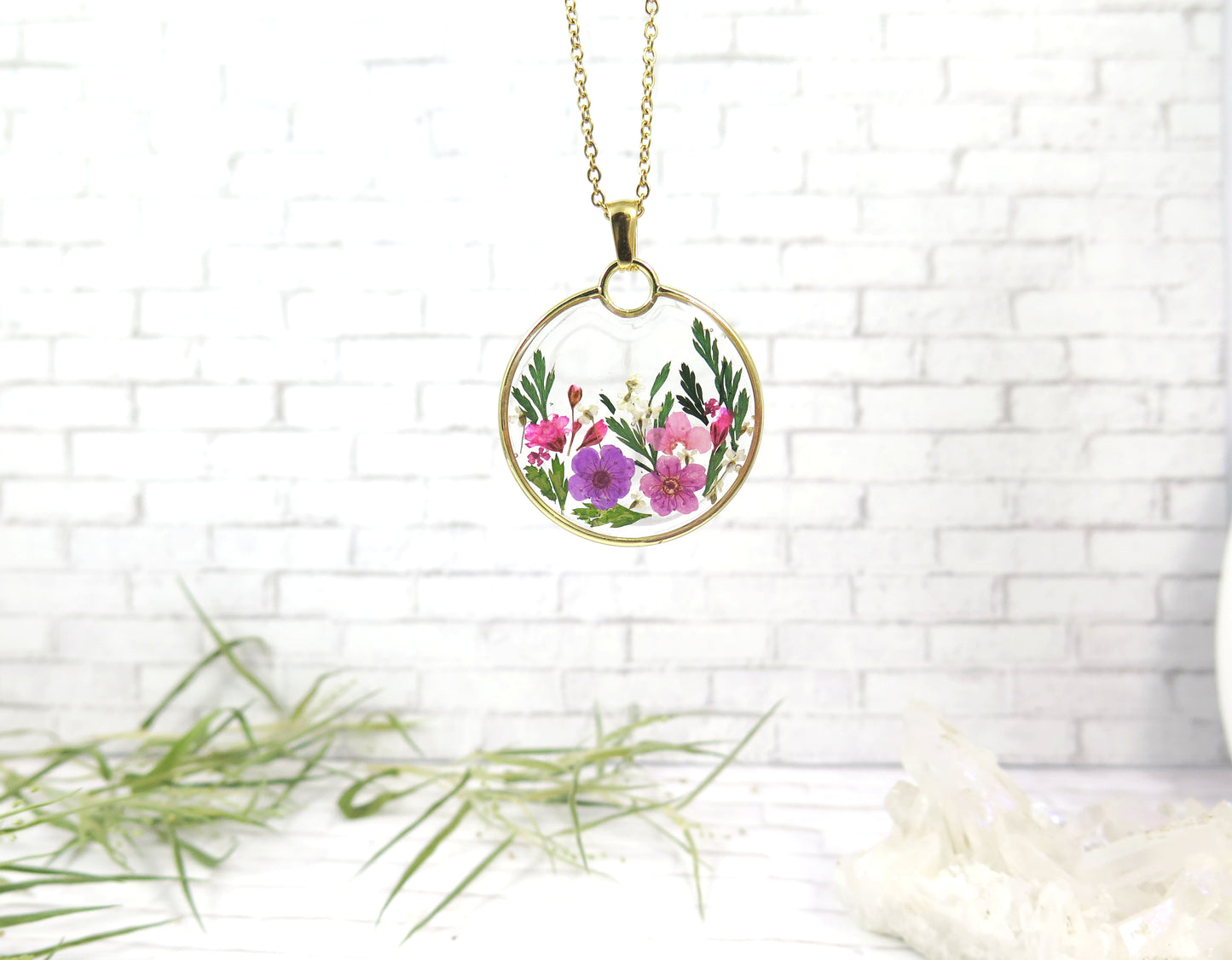 Small dried flowers necklace Handmade resin jewelry