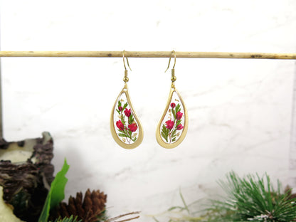 Teardrop dangle earrings Dried flowers resin gold earrings