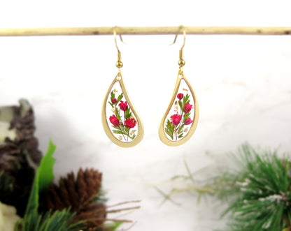Teardrop dangle earrings Dried flowers resin gold earrings