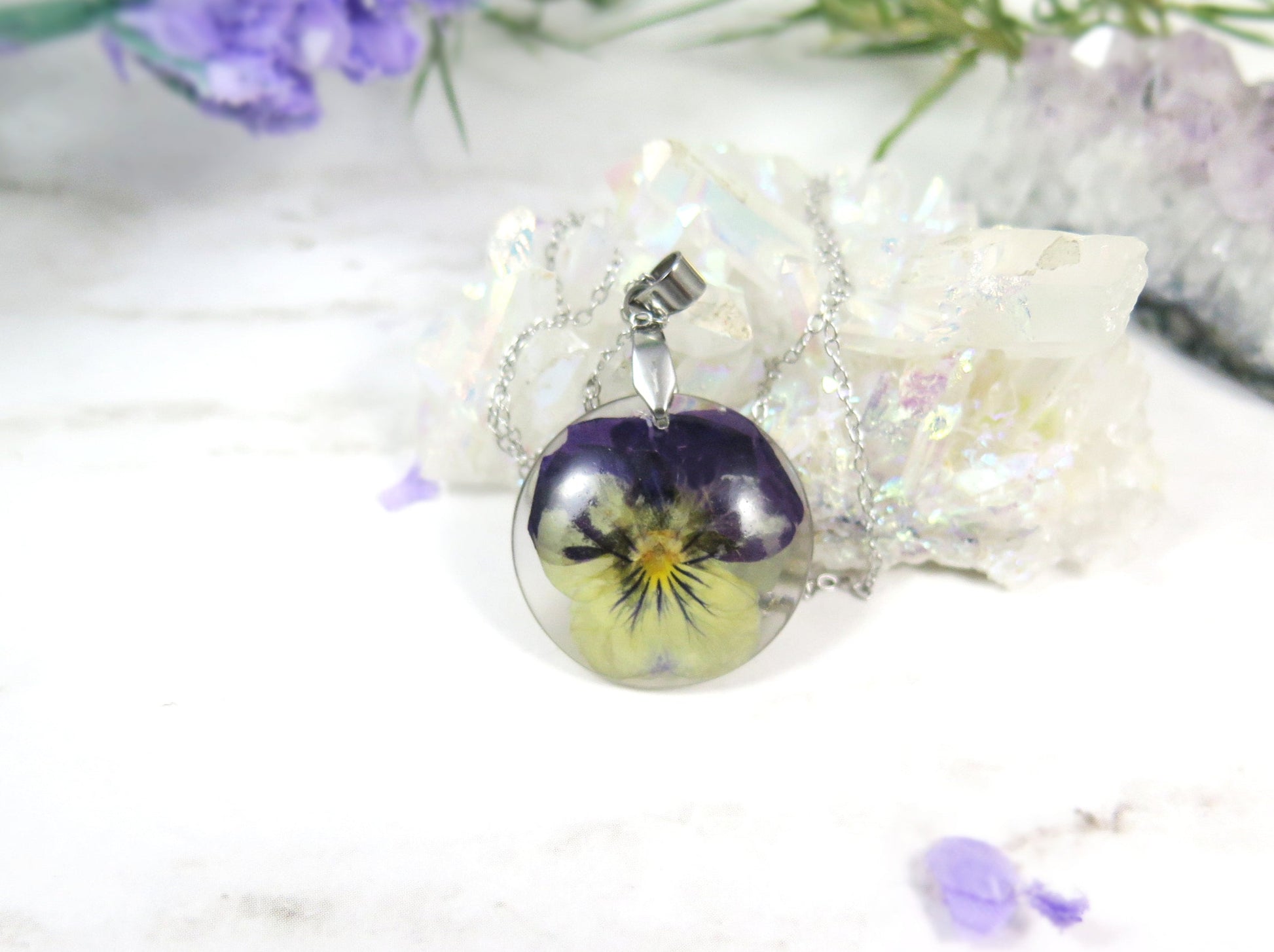 February birth month flower jewelry, Real Pansy necklace
