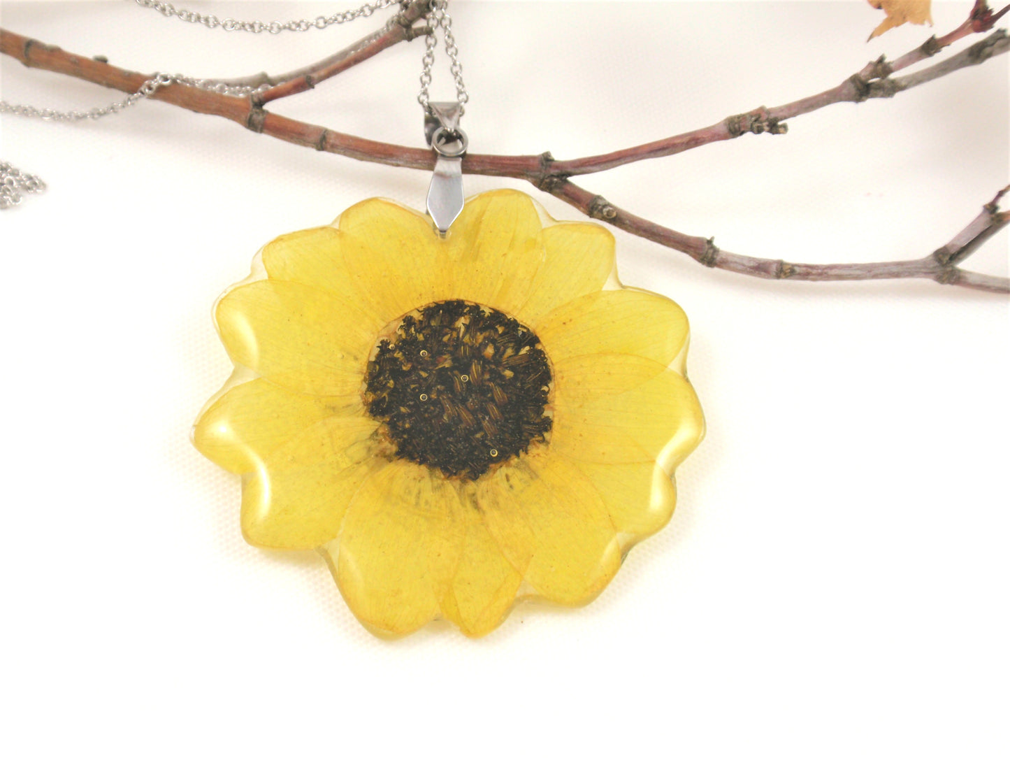 Real Sunflower pendant Necklace, Handmade Pressed Flower jewelry