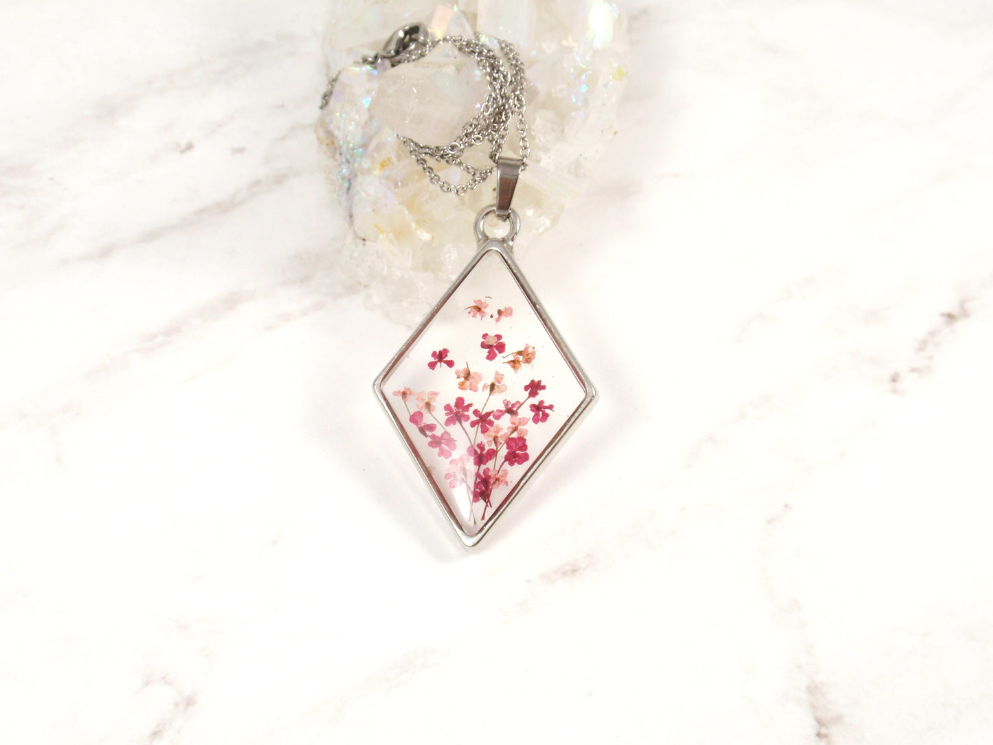 Tiny Pressed flowers rhombus necklace Queen Annes lace flower pendant