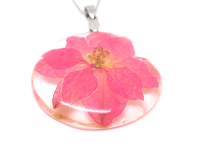 Flower  Necklace Pink Larkspur jewelry, July Birth month flower