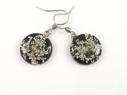 Real Flower Earrings, white and black jewelry