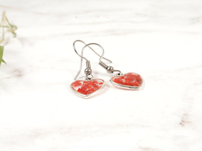 Red flower resin dangle earrings, Pressed flower heart earrings