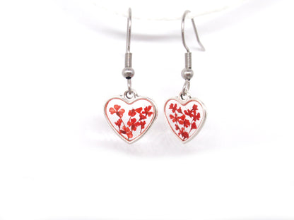 Red flower resin dangle earrings, Pressed flower heart earrings
