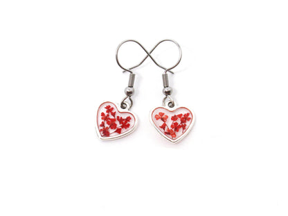red flower heart earrings