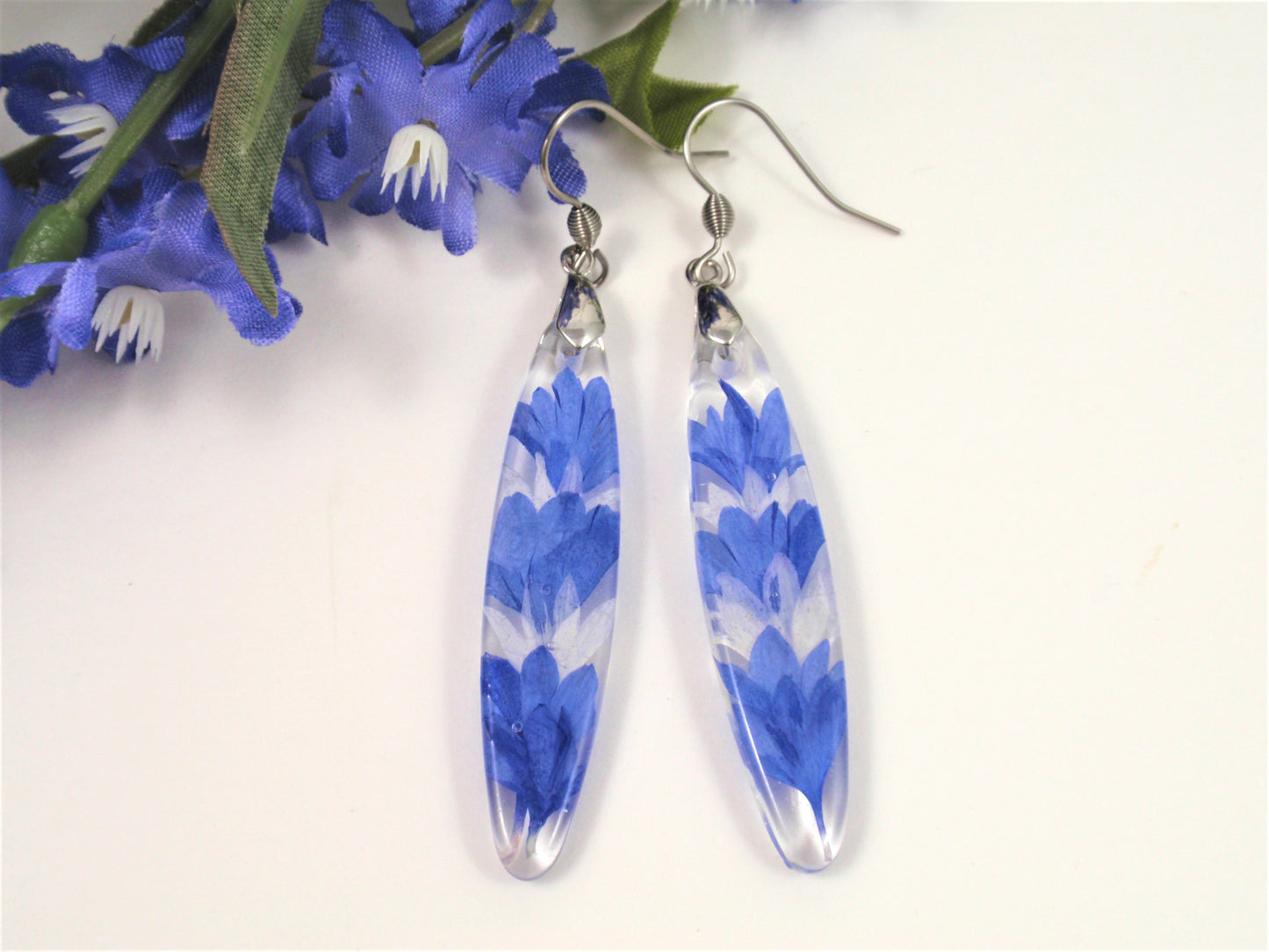 Pressed flower Nature earrings, Blue Cornflower petals Resin Jewelry