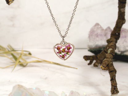 Small heart necklace real Alyssum flower dainty jewelry