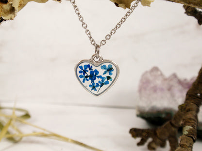 Small heart necklace blue flowers dainty jewelry